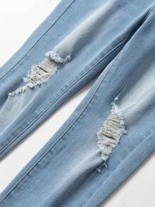 SHEIN Tween Girls All-Match Versatile Elegant Elastic Fitted Distressed Washed Denim Jeans, School, Campus, College - Light Wash - View 4