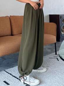 DAZY Solid Drawstring Hem Trousers - Army Green - View 1