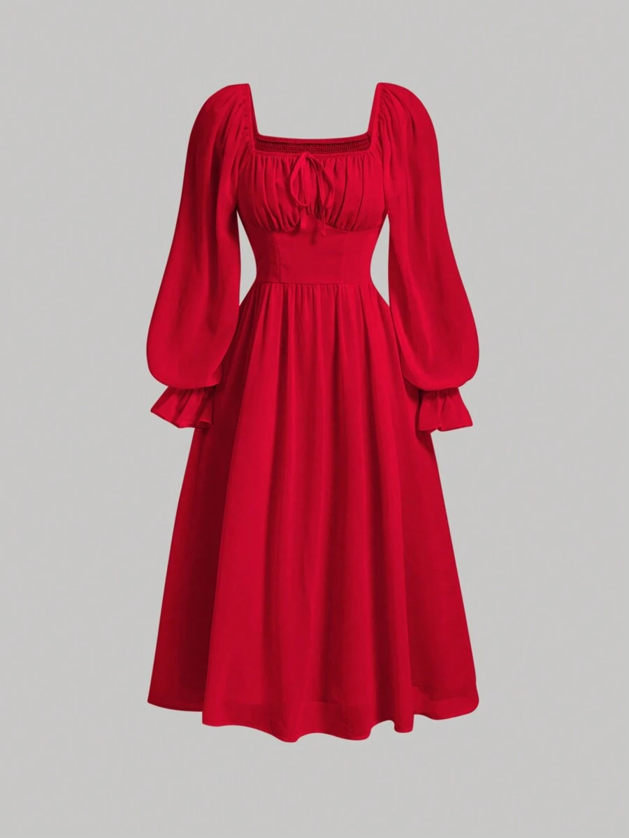 SHEIN MOD 方領喇叭袖胸部褶皺洋裝 - 紅色 - 查看 1