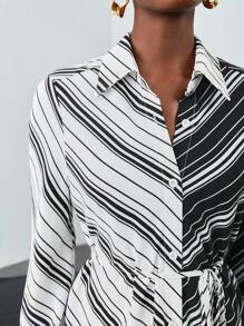 BizChic 條紋印花不對稱下擺腰帶襯衫洋裝