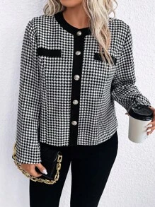 SHEIN Clasi 大碼千鳥格印花前紐扣夾克 - 黑與白 - 查看 1
