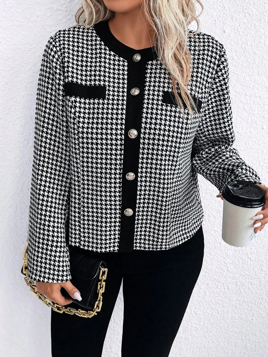 SHEIN Clasi 大碼千鳥格印花前紐扣夾克 - 黑與白 - 查看 1