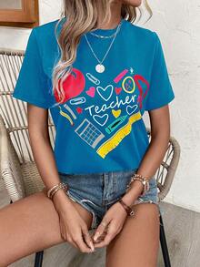 SHEIN LUNE Áo thun nữ Tim Lá thư Giải trí - Màu xanh lam - Xem 5