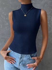 SHEIN Essnce 小高領條紋針織背心上衣 - 藏蓝色 - 查看 3