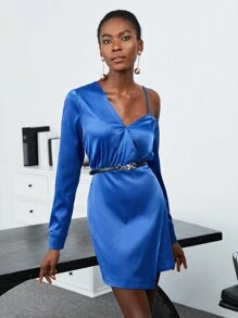 BizChic Asymmetrical Neck Wrap Hem Dress Without Belt