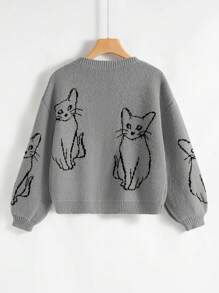 SHEIN Qutie Cat Pattern Drop Shoulder Sweater - Light Grey - View 2