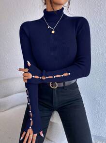 Chiquease Turtleneck Button Detail Ribbed Knit Sweater - Royal Blue - View 5