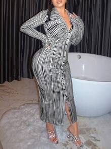 SHEIN SXY Striped Print Button Front Bodycon Dress - Black and White - View 3