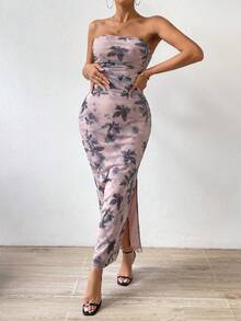 Allurite In hoa Tách đùi Đầm bó sát ống - Màu tím hoa cà - Xem 3