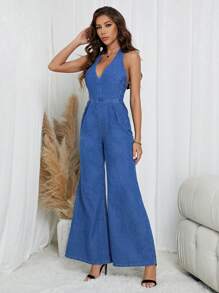 SHEIN Essnce Tie Backless Wide Leg Denim Jumpsuit - Medium Wash - View 4