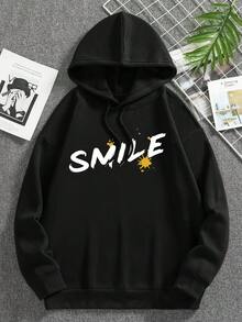Men Cartoon & Slogan Graphic Drawstring Thermal Lined Hoodie - Black - View 2
