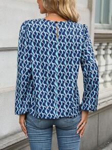 SHEIN Frenchy 滿版印花燈籠袖襯衫 - 寶藍色 - 查看 2