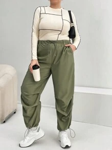 SHEIN Essnce Plus Quần túi xéo viền dây rút - màu xanh lá - Xem 1