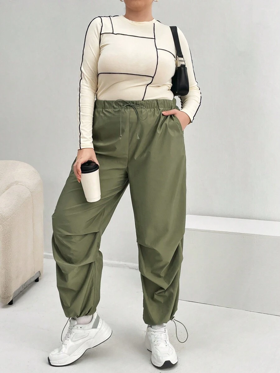 SHEIN Essnce Plus Quần túi xéo viền dây rút - màu xanh lá - Xem 1