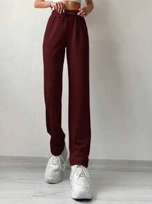 EURMUSE Solid Drawstring Waist Straight Leg Pants - Rust Brown - View 3