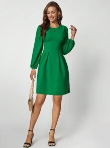 SHEIN Clasi Váy tay áo đèn lồng rắn - màu xanh lá - Xem 6