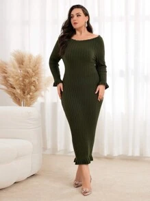 Modelyn Plus Frill Trim Ribbed Knit Bodycon Sweater Dress - Army Green - View 3