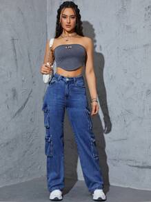 Flap Pocket Side Cargo Jeans - Medium Wash - View 6