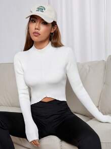 SHEIN EZwear Mock Neck Asymmetrical Hem Crop Sweater - White - View 3