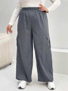 SHEIN Essnce 大碼條紋印花側翻蓋口袋闊腿褲 - 灰色 - 查看 5