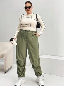 SHEIN Essnce Plus Quần túi xéo viền dây rút - màu xanh lá - Xem 6