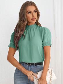 SHEIN Privé Frill Trim Puff Sleeve Blouse - Green - View 5
