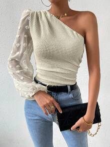 SHEIN Privé Áo crop top một vai kiểu chấm bi kiểu Thụy Sĩ - Màu be - Xem 3