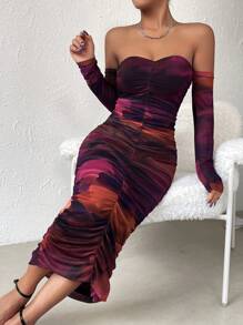 Zolique Off Shoulder Ruched Mesh Bodycon Dress - Multicolor - View 4