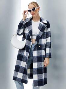 SHEIN Qutie 格紋印花雙排釦花呢外套 - 藏蓝色 - 查看 1