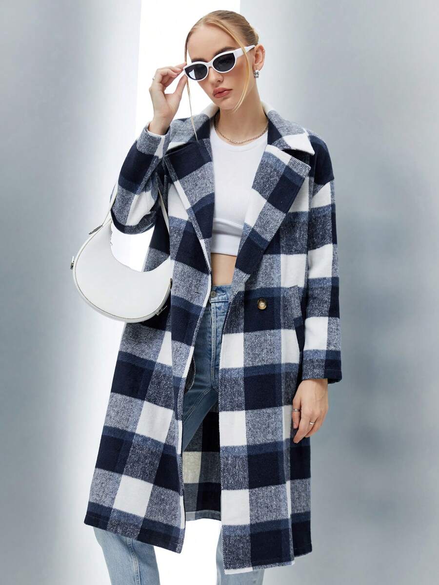 SHEIN Qutie 格紋印花雙排釦花呢外套 - 藏蓝色 - 查看 1