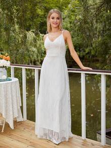 Solid Lace Cami Wedding Dress - White - View 4
