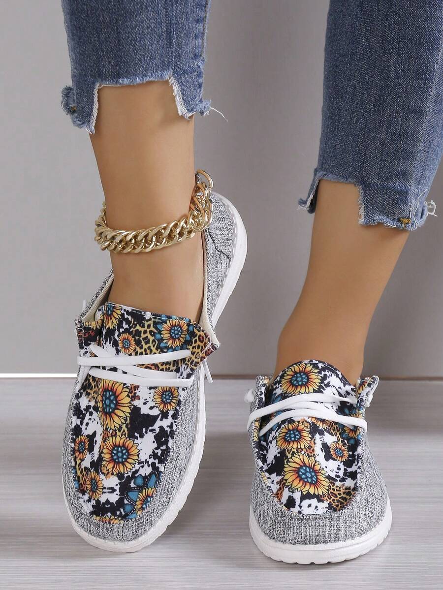 Giày thường có dây buộc phía trước họa tiết hoa cho nữ, Giày thể thao ngoài trời Polyester - Nhiều màu - Xem 1