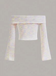 SHEIN Qutie 一字肩喇叭袖折邊華夫格編織T恤 - 彩色 - 查看 2