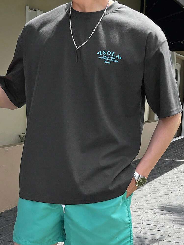 Men Letter & Palm Tree Print Drop Shoulder Tee Vacation