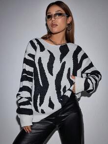 SHEIN Unity 斑馬紋圖案落肩袖套頭毛衣 - 銀色 - 查看 6