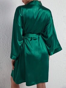 Bata de satén con cinturón y hombros caídos, lujosa ropa de estar en casa, cálida y elegante, para otoño e invierno - Verde Oscuro - Ver 2