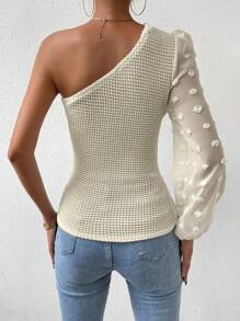 SHEIN Privé Áo crop top một vai kiểu chấm bi kiểu Thụy Sĩ - Màu be - Xem 2