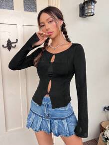 SHEIN Qutie Solid Cut Out Tee - Black - View 5