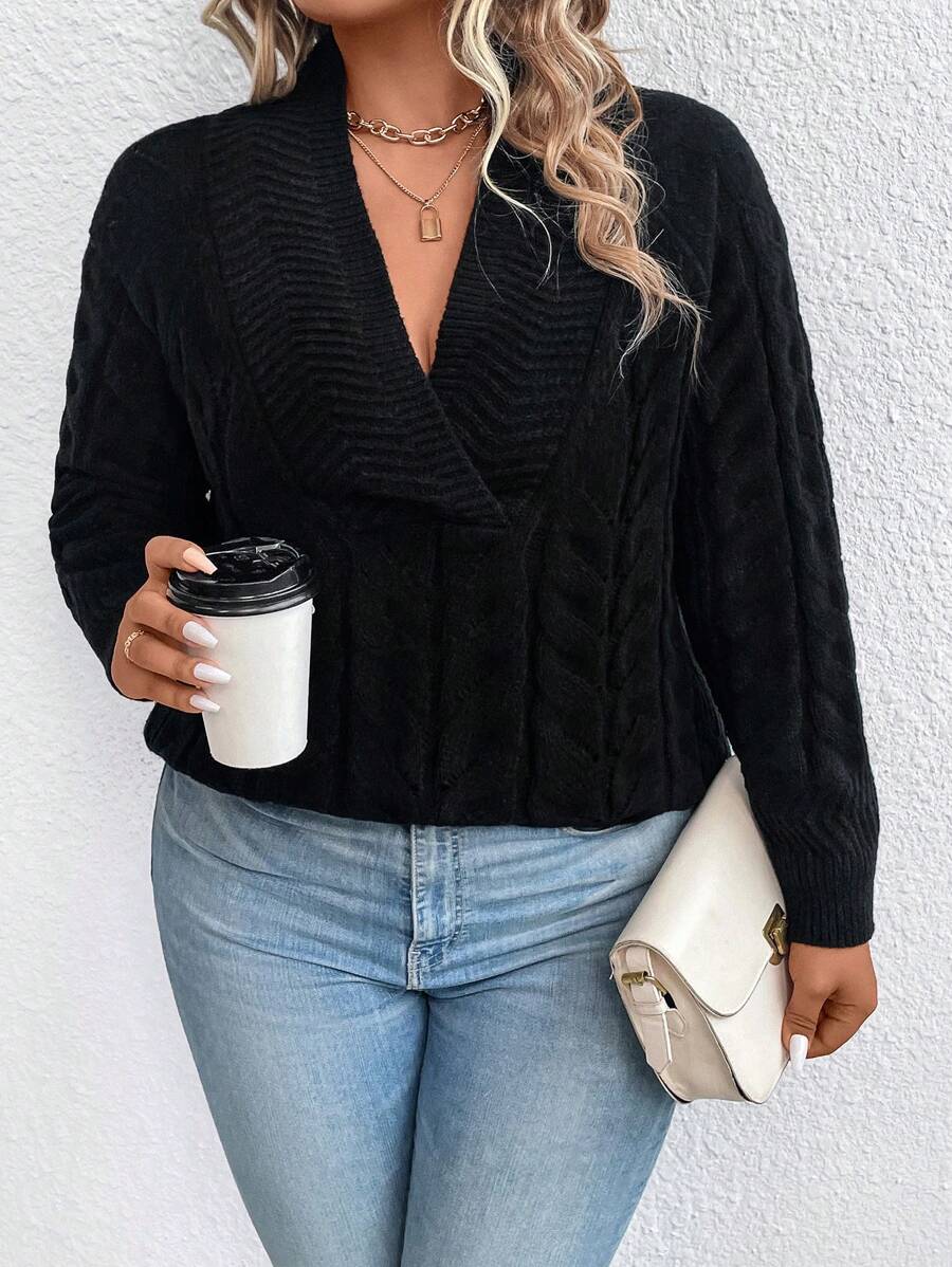 SHEIN Unity 大碼麻花編織插肩袖套頭毛衣 - 黑色 - 查看 1