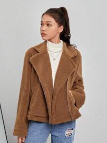 SHEIN Teen Girl Zip Up Teddy Jacket - Brown - View 4