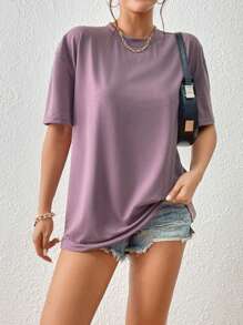 INAWLY Camiseta de hombros caídos unicolor - Púrpura malva - Ver 3