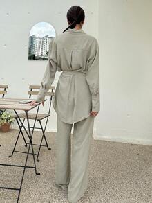 DAZY 落肩袖腰帶襯衫和褲子 - 綠色 - 查看 2