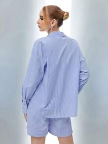 SHEIN Qutie Striped Print Drop Shoulder Shirt & Shorts - Blue - View 2
