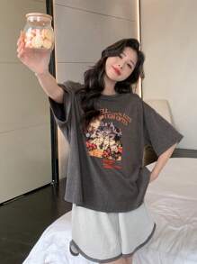 DAZY 字母图案落肩T恤和撞色绑带短裤睡衣 - 灰色 - 查看 5