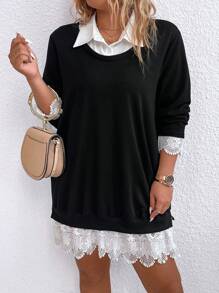 Juhart Plus Contrast Lace 2 In 1 Sweatshirt Dress Graduation,Back To School Outfits,Graduation,Teacher Outfits For Women,Back To School Pullover Fall Outfit Winter Autumn - Black - View 7