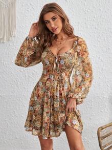 SHEIN VCAY Vestido con estampado floral con nudo delantero de manga farol
