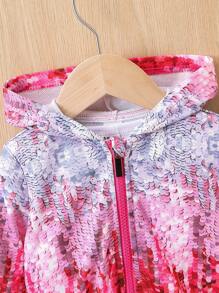Baby Girl Sequin Print Zip Up Hooded Jacket Without Tee - Multicolor - View 3