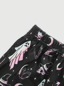 ROMWE Goth Cartoon Graphic Tee & Galaxy Print Shorts PJ Set - Black - View 3