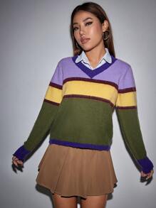 SHEIN Unity 1pc V-Neck Color Block Knit Pullover Fall Winter Sweater - Multicolor - View 6