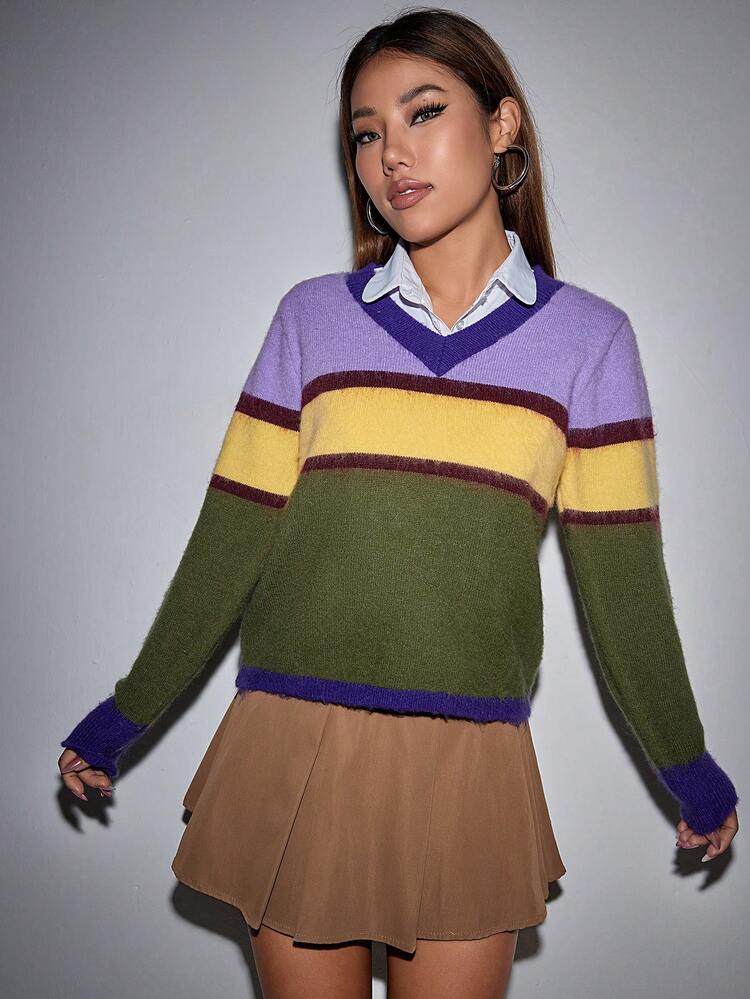 1pc V-Neck Color Block Knit Pullover Fall Winter Sweater